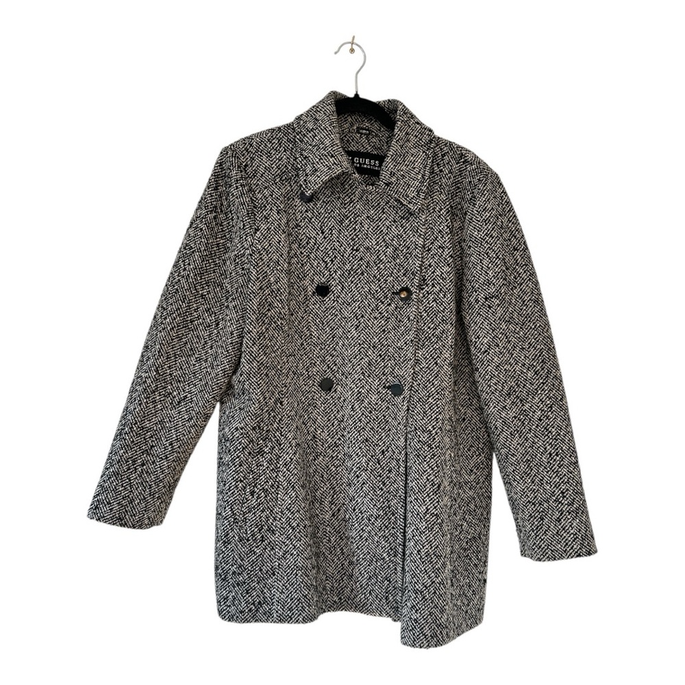 GUESS Black and White Tweed Peacoat Wool Blend size XXL